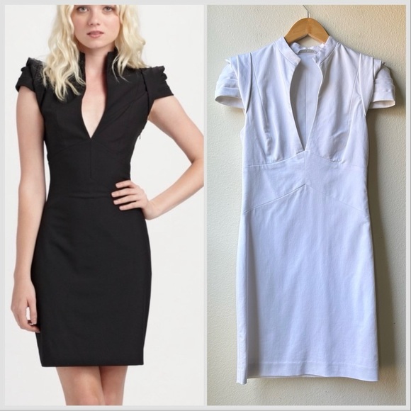 Black Halo Dresses & Skirts - Black Halo White Hanna Midi Sheath Ruffle Keyhole Dress Sz 6